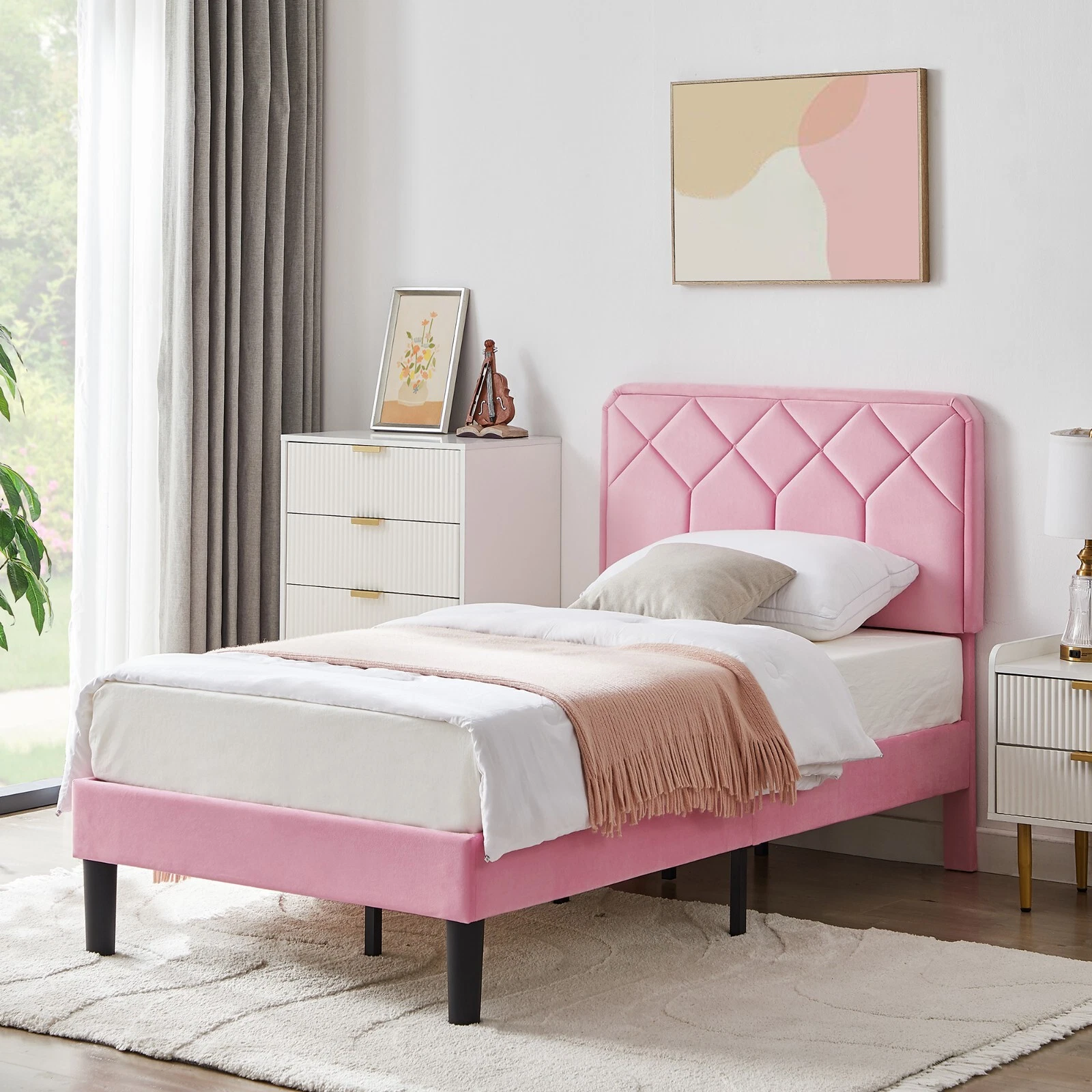 Vecelo Upholstered Bed Frame Twin Full Queen Size 